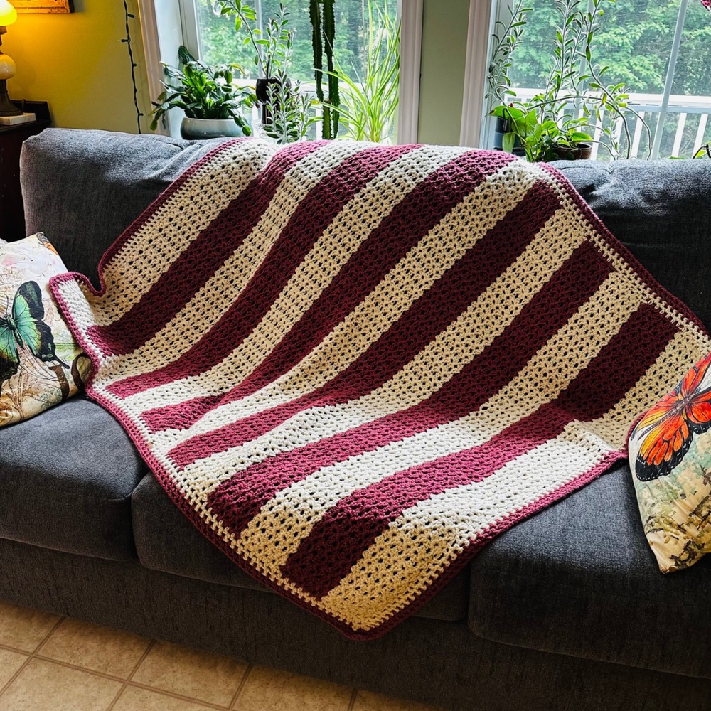 Handmade Crochet Striped Afghan Throw Blanket Burgundy Cream Burgundy 52x46